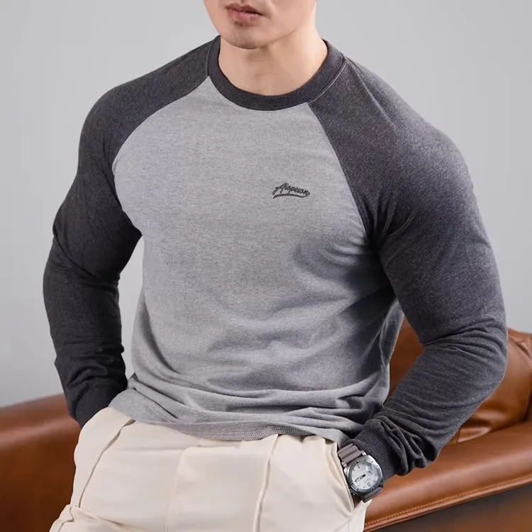 美式拼色插肩纯棉长袖T恤男秋季新款运动跑步健身肌肉打底衫上衣