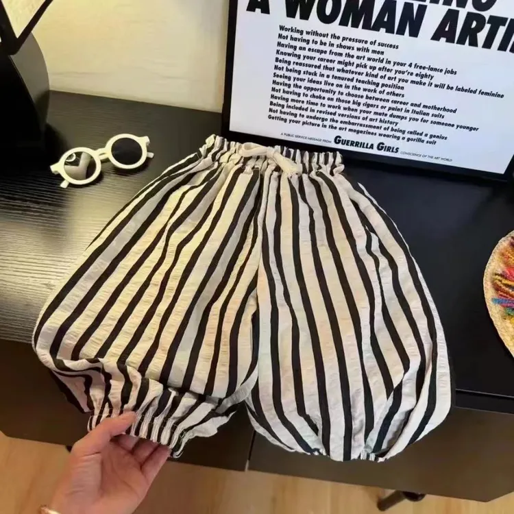 黑白条百搭男童女童休闲防蚊裤空调裤中小童夏款装条纹裤潮