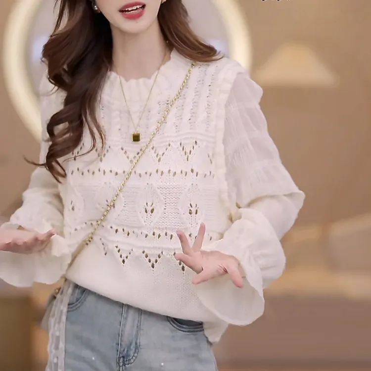 假两件镂空针织衫长袖t恤女2025春秋新款设计感小众宽松衬衫上衣