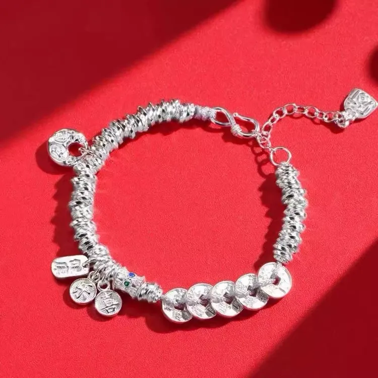 足银手链 足银999纯银五帝钱盘缠手链女平安喜乐手串中式国风礼物