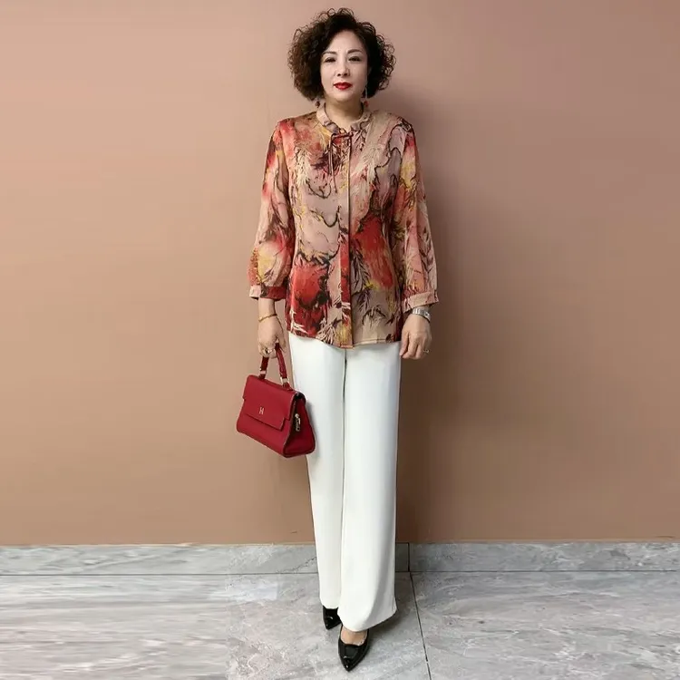 309套装中老年妈妈真丝印花衬衫夏中袖立领开衫上衣白裤子两件套