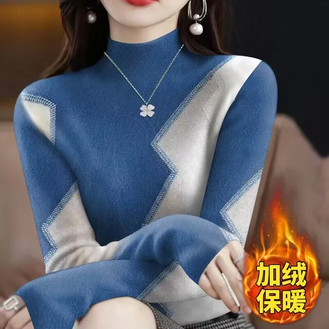 德绒打底衫女保暖背心2023秋冬新款加绒内搭t恤洋气半高领上衣女