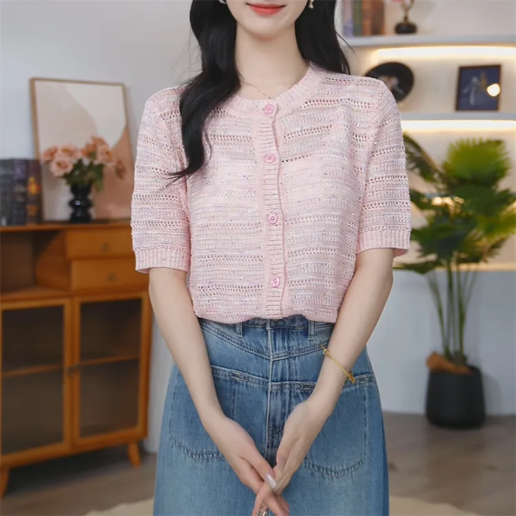 粉色镂空针织开衫短袖2025新款夏季韩版圆领正肩短款半袖防晒上衣