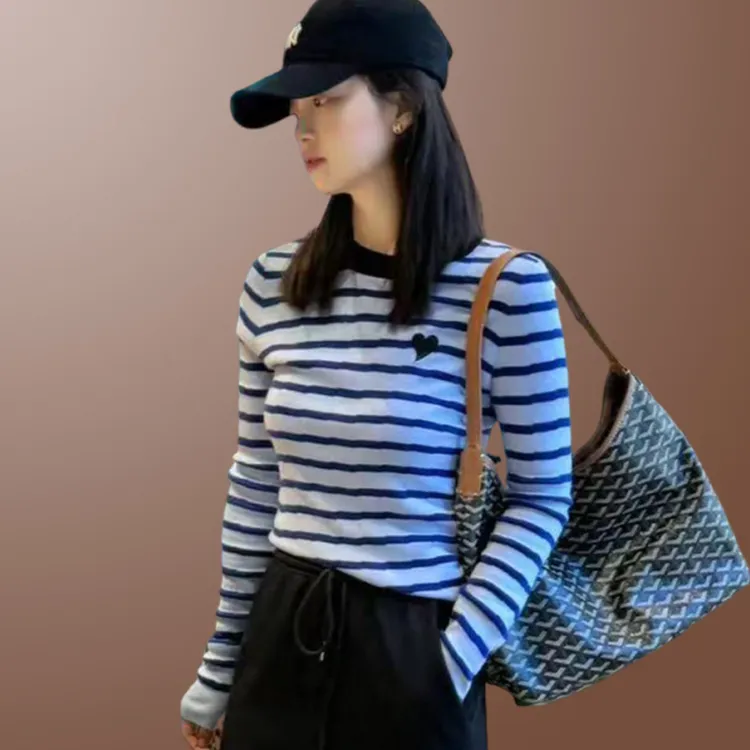 香朵儿甜美别致时尚条纹T恤女士2025春秋新款韩版显高显瘦上衣女
