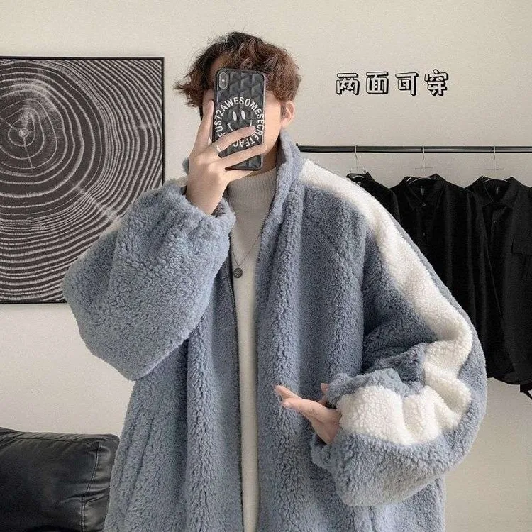 两面穿羊羔绒外套潮男冬季潮流韩版加绒加厚棉服情侣男女棉衣棉袄