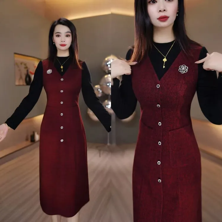 【连衣裙】磨毛精纺秋冬新款气质显瘦假两件内搭中长款连衣裙子
