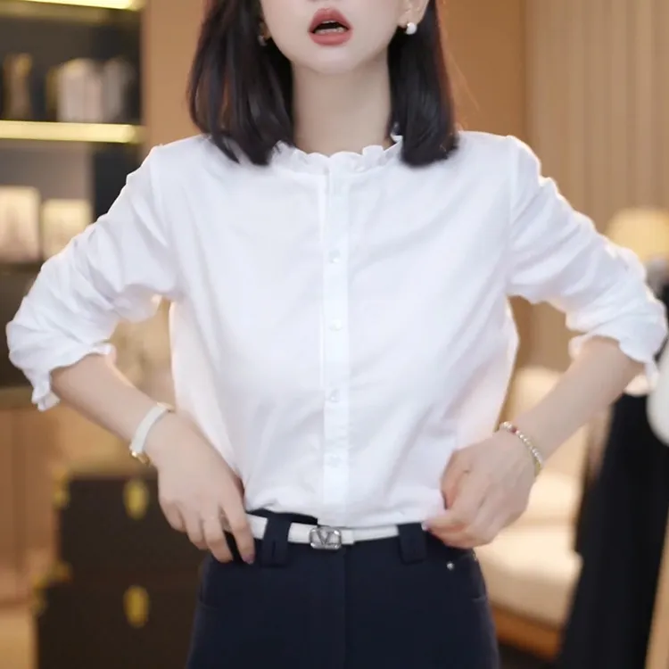 2025秋季新款时尚百搭荷叶边设计款纯色简约亲肤白色长袖衬衣上衣