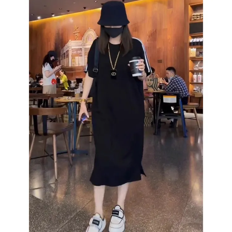 2025夏季新款时尚休闲高级感过膝T恤裙胖mm中长款遮肉显瘦连衣裙
