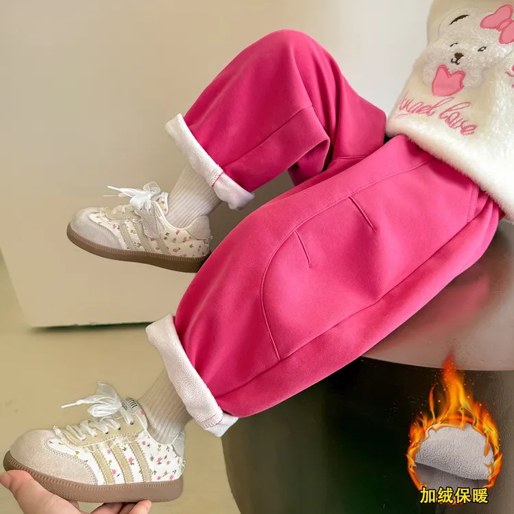 女童加绒弯刀裤洋气儿童秋冬装新款女宝宝一体绒休闲裤子小女孩潮