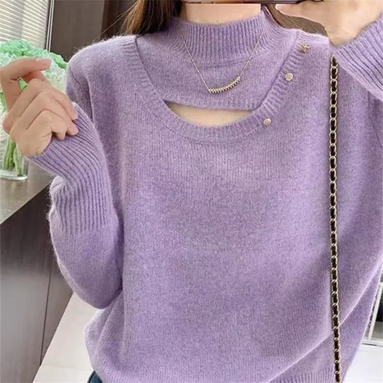 半高领镂空毛衣女2025秋冬新款设计感小众修身显瘦内搭针织打底衫