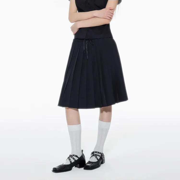 夏季新款设计感学院风黑色抽绳系带A字裙时尚遮肉百褶裙半身裙女