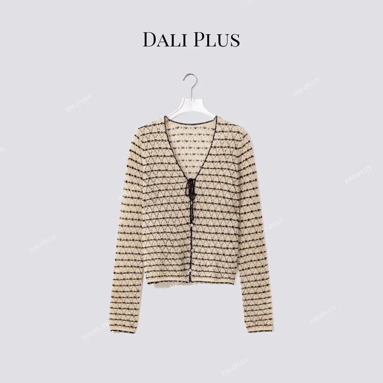 DALI PLUS“米黑条纹”马海毛羊毛V领镂空针织开衫-D5MM2449