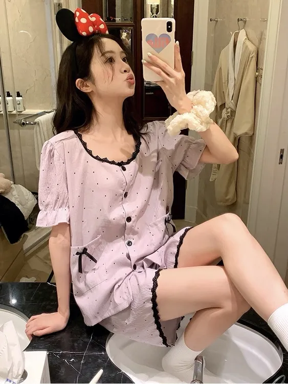 【芋泥奶糖】新款甜美蕾丝边波点短袖睡衣女夏季可外穿家居服套装