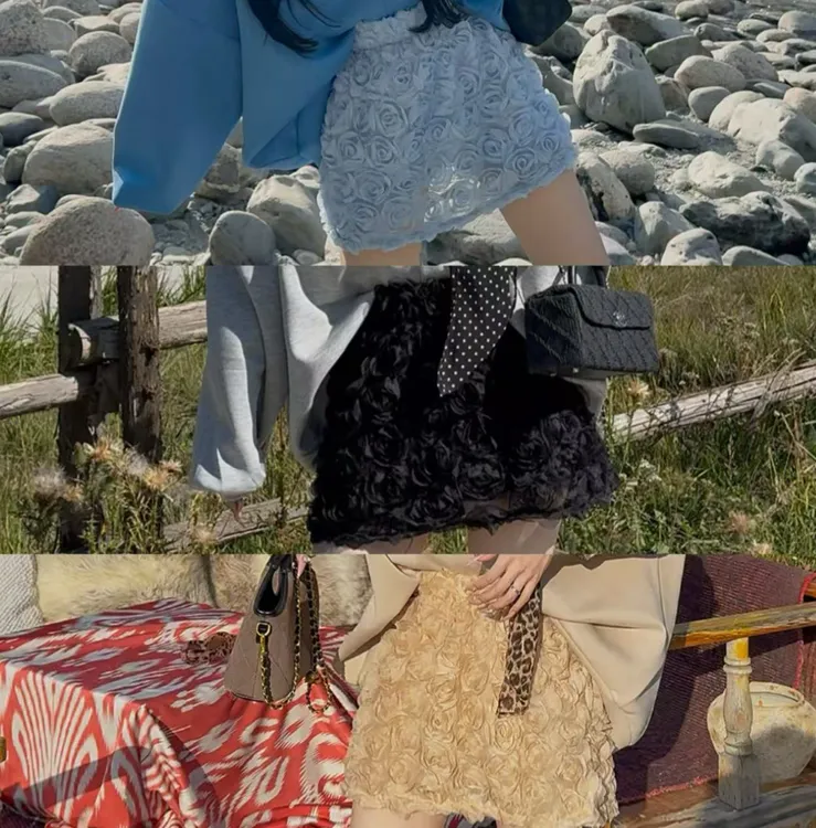 【XU·JING】三色花朵立体纹路短裙春秋长袖小众宽松