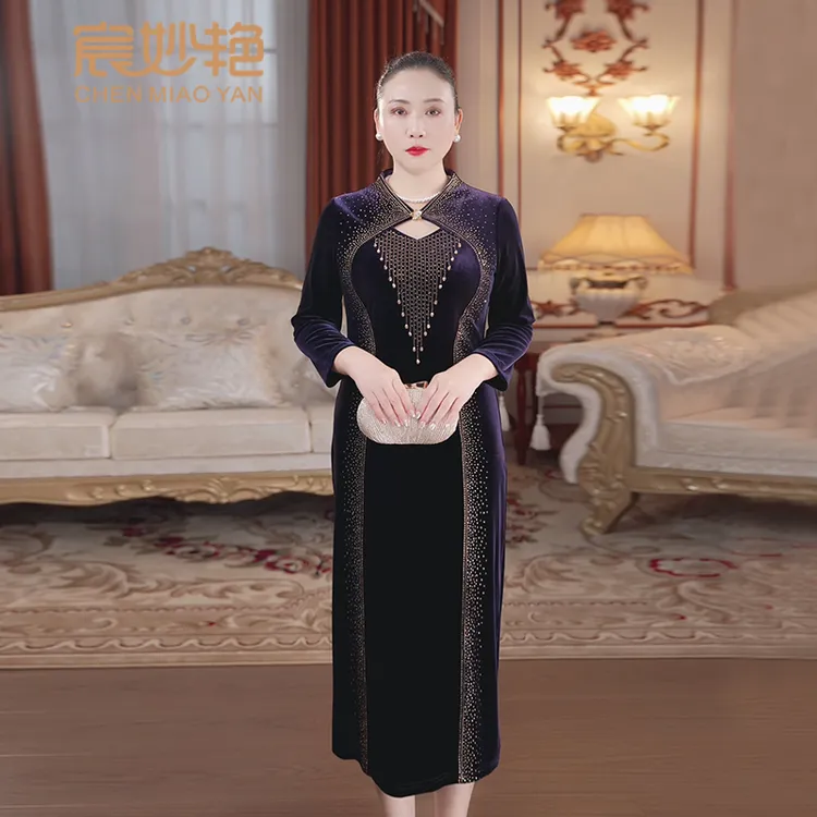 宸妙艳气质女装修身显瘦高贵优雅金丝绒改良旗袍大码妈妈装连衣裙