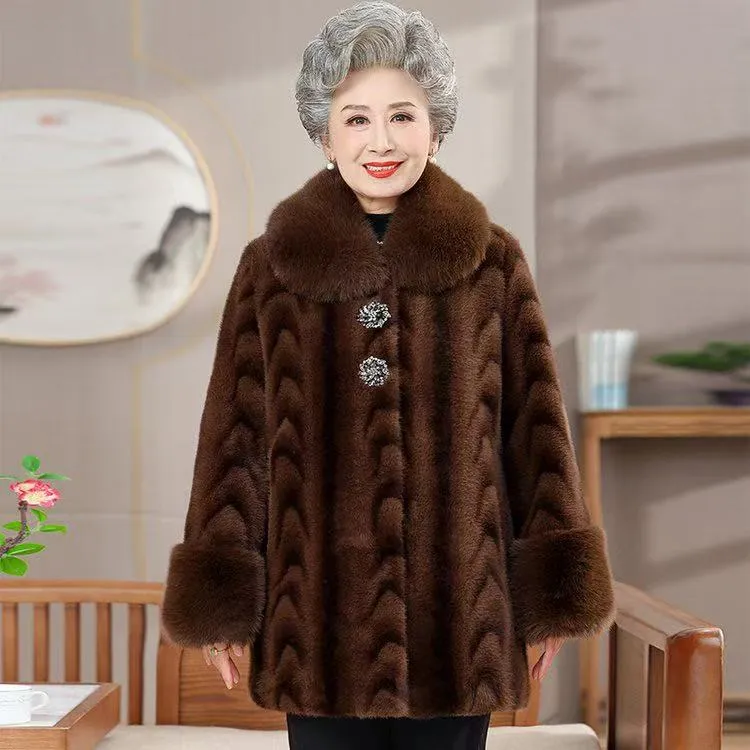 加绒中长款圆领短款中老年女装宽松貂绒大衣