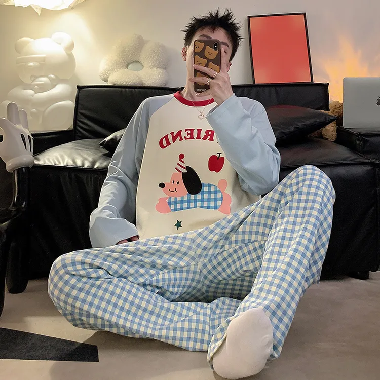 可外出睡衣男春秋2024新款长袖高颜值宽松套装学生大码简约家居服