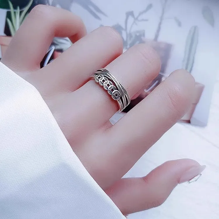 新中式五帝钱复古戒指女款ins小众设计感时尚开口国风不掉色戒指