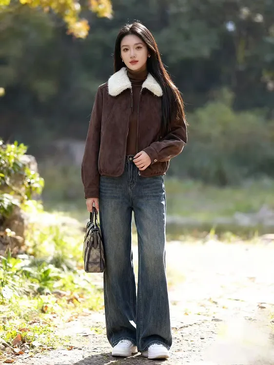 【专柜同款】秋冬新款翻领麂皮绒夹克加厚保暖美拉德棉服短外套气质