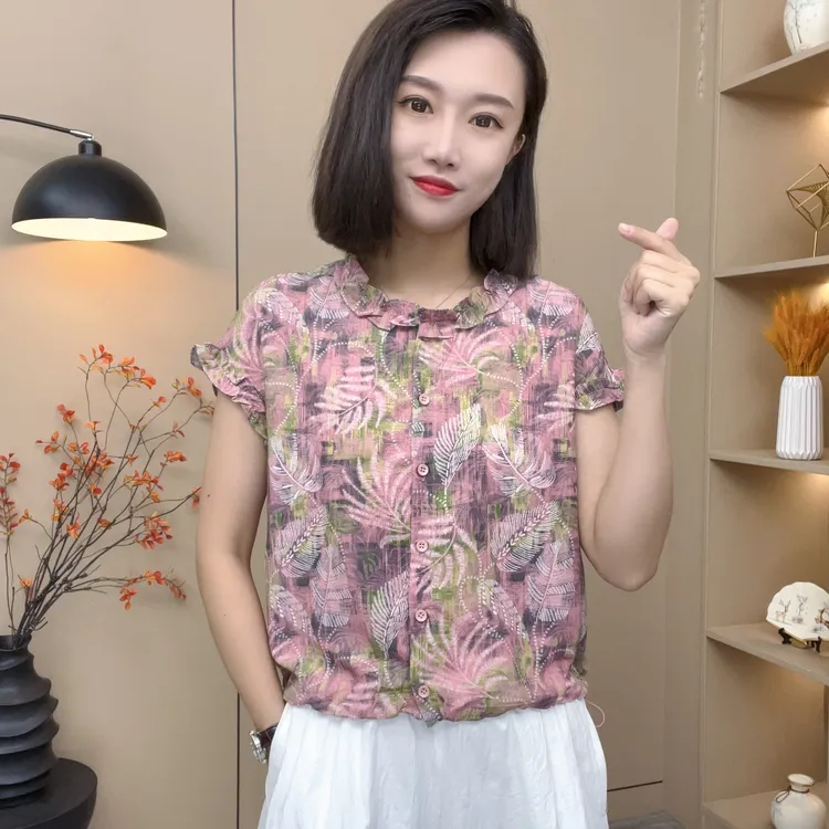 气质优雅小衫夏季薄款时尚荷叶领宽松洋气印花衬衫-7452
