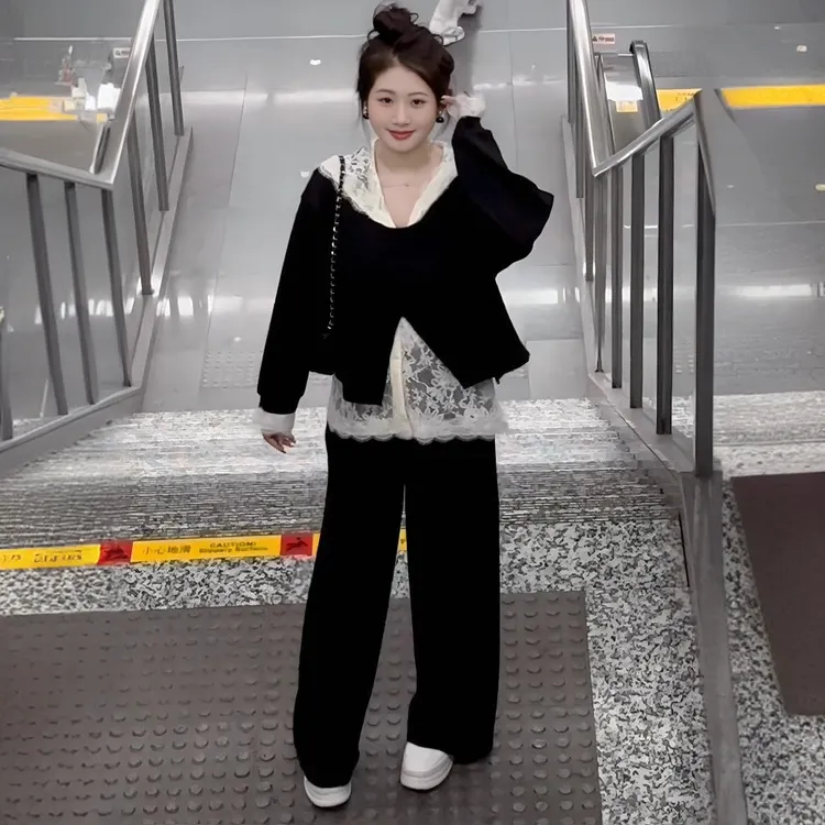加大码300斤胖mm宽松遮肉慵懒风三件套女春秋款巨显瘦蕾丝套装240