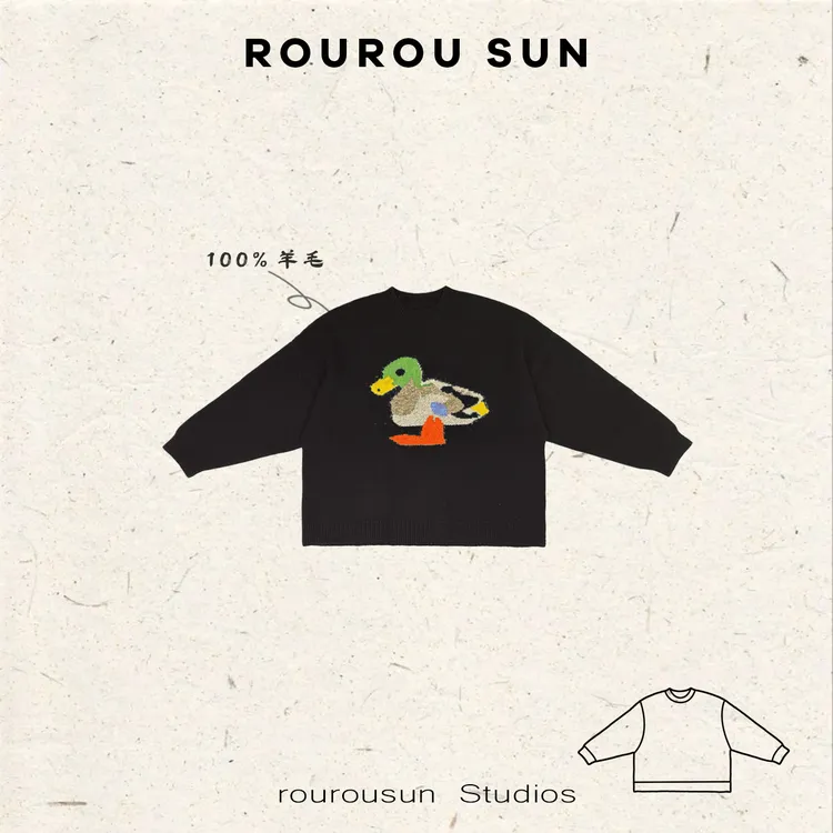 50699冬款女装韩版减龄缇花卡通鸭松弛感羊毛套头毛衣潮