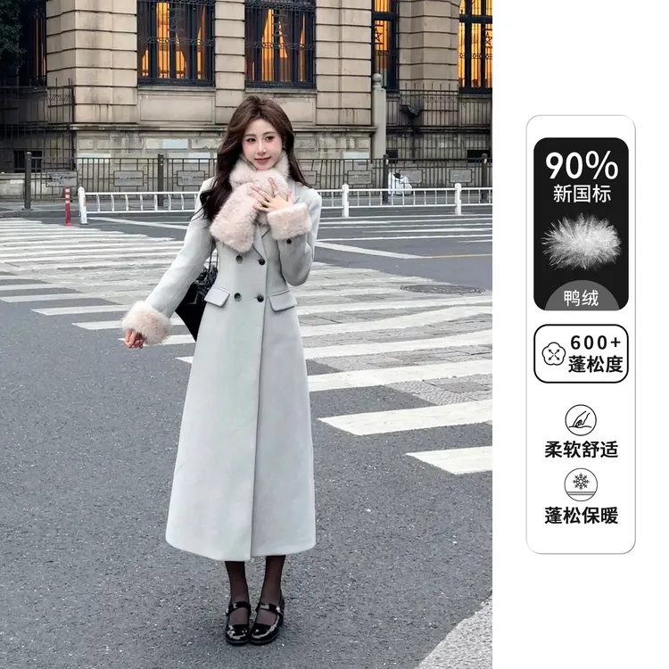 Liixu冬季修身显瘦赫风气质百搭中长款白鸭绒呢子大衣L48YR039