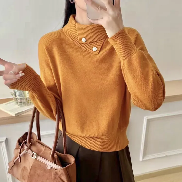 不规则翻领设计感针织衫女秋冬新款慵懒风高级百搭长袖毛衣上衣