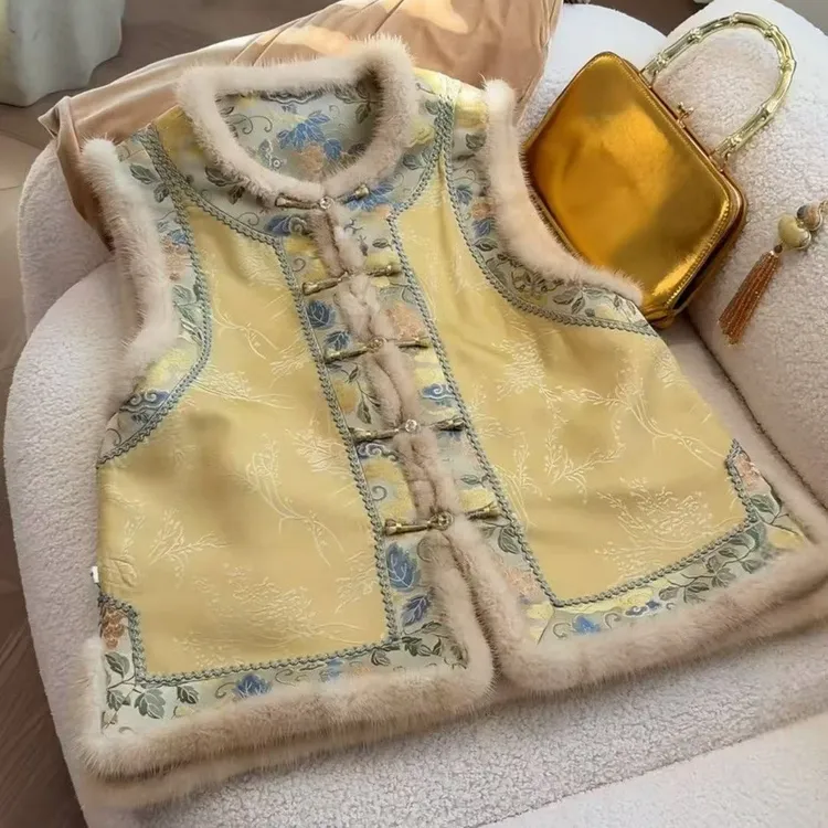 重磅祥云金枝宋锦水貂毛夹棉马甲时尚冬季百搭显瘦中国风重工织金