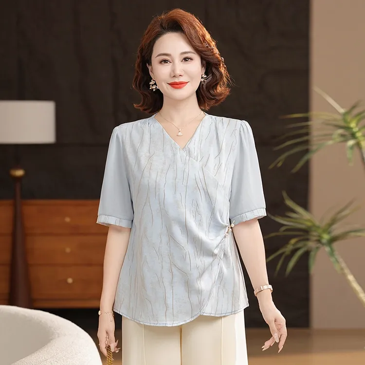 母亲节时尚妈妈装2025夏季套装收腰衬衣镂空拼接气质短袖百搭上衣