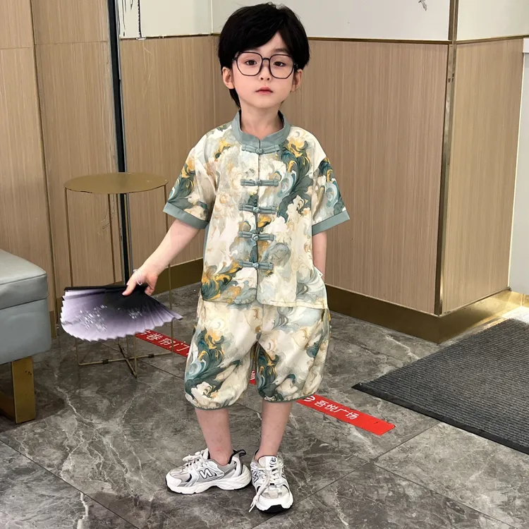 儿童短袖套装夏季新款七彩祥云复古国风汉服套装帅气夏装潮酷