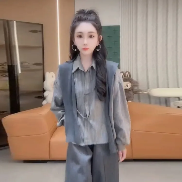 韩系气质时尚条纹衬衫女秋季新款百搭休闲配针织披肩衬衣两件套装