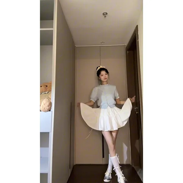 少女气质时尚套装女夏季2025新款假两件短袖开衫a字半身裙两件套