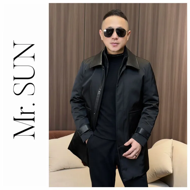 孙先生男装｜中长款男款配皮鹅绒服针织防风领假两件羽绒外套25326