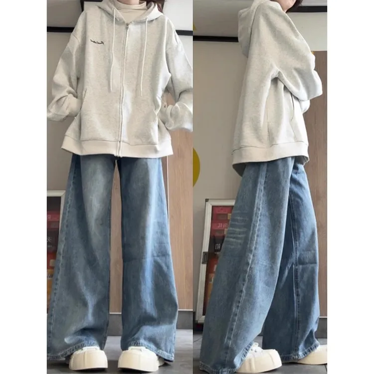 女童直筒阔腿裤2025新款初中生秋季复古花边牛仔裤女大童休闲裤子