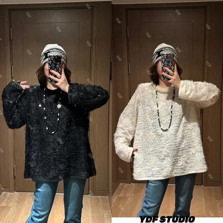 YDFSTUDIO小众【质感交响】欧货高品重工亮片毛领拼接设计时尚上衣