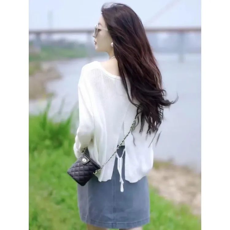 冰丝针织衫女夏季新款慵懒风洋气设计感小众后背系带薄款防晒罩衫