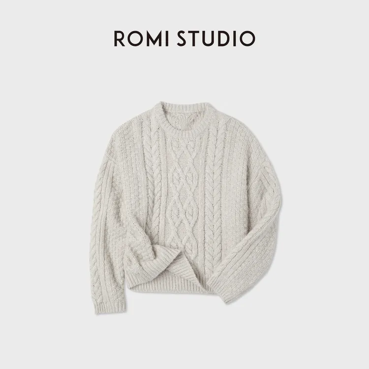 ROMI STUDIO婴驼羊绒羊毛轻盈圆领绞花套头针织毛衣RWCAST5543
