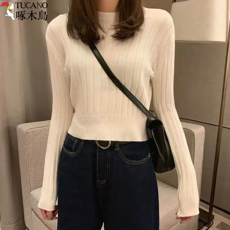 啄木鸟气质毛呢针织衫上衣女秋冬新款修身显瘦纯色百搭长袖打底衫
