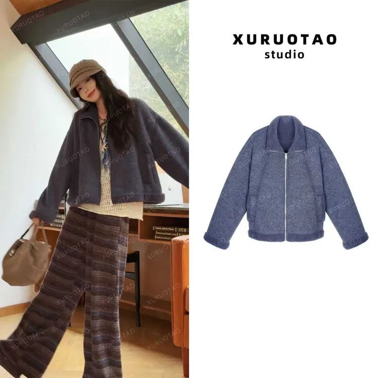XURUOTAO【蓝调雪山】羊毛醋酸混纺加绒设计感保暖蓝色外套 T5726