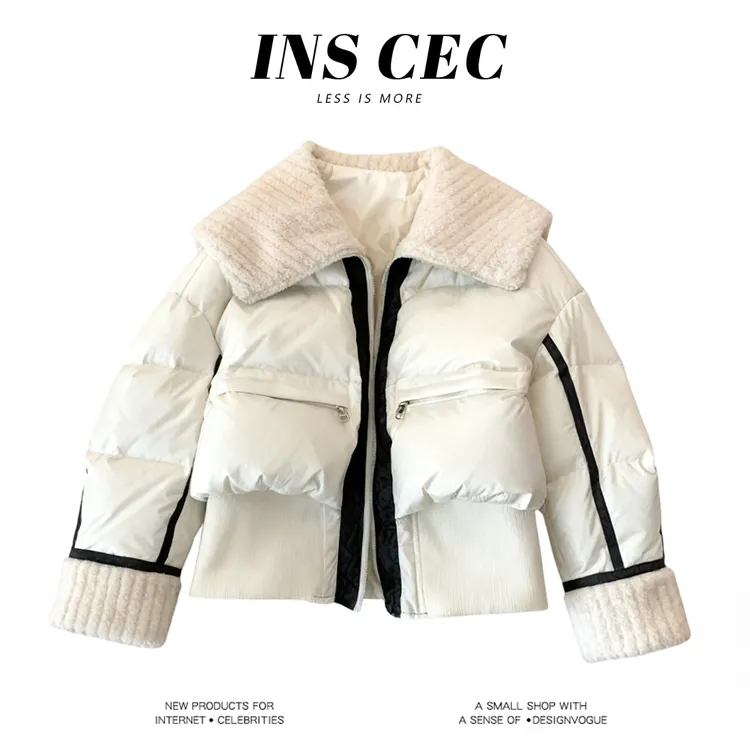 INS CEC高级感白色翻领棉服外套女冬季新款2025面包服棉衣上衣冬