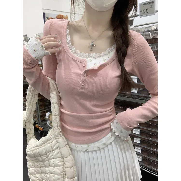 韩系拼色碎花刺绣长袖恤女2025薄款假两件领修身显瘦内搭上衣秋