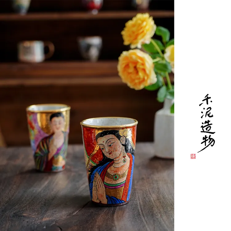 见朴·禾泥手工手绘金彩敦煌可乐杯茶杯志野烧大号主人杯粗陶复古