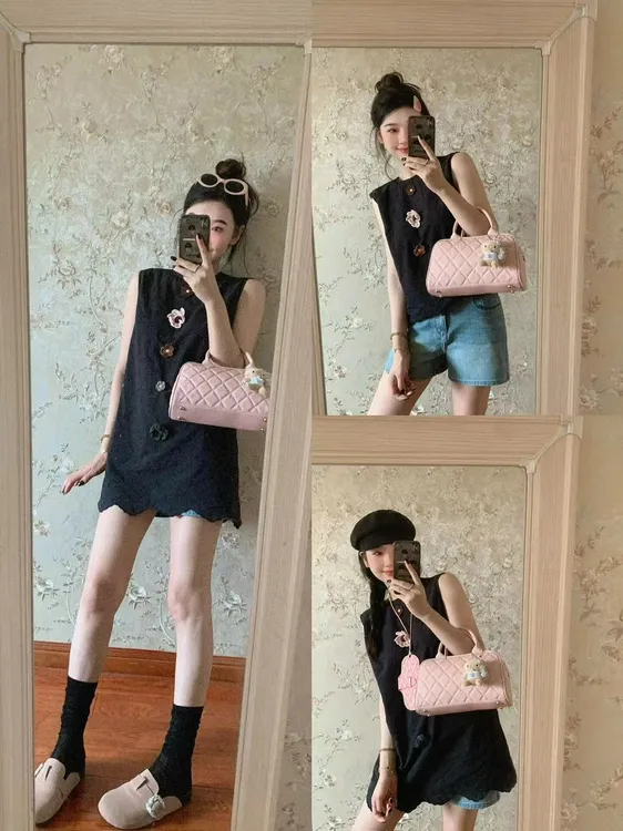 2025夏季新款法式少女感黑色立体小花无袖上衣女气质百搭牛仔短裤