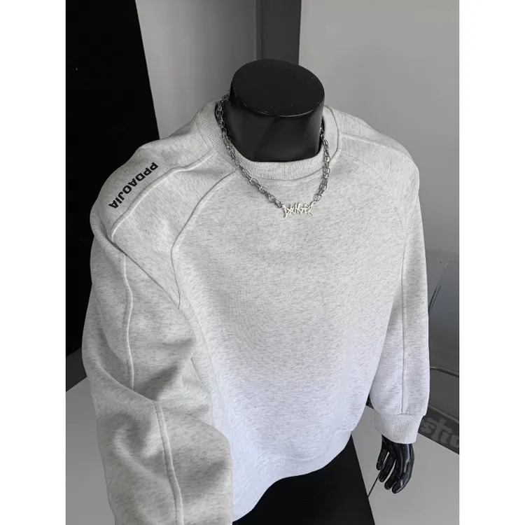 420G重磅华棉拼接卫衣男春秋美式休闲内搭打底衫圆领套头宽松上衣