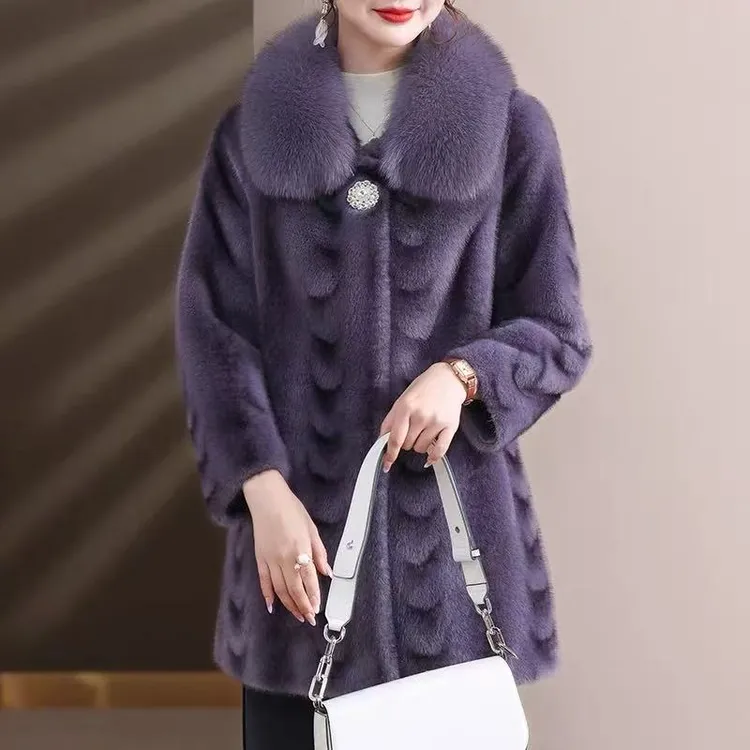 海宁貂绒大衣女中长款真狐狸毛领气质妈妈喜婆婆中老年外套美妈妈