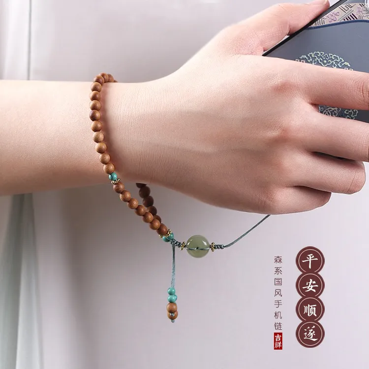 原创绿檀木留香檀香木珠手机链挂绳短款手腕链子手工编织防丢饰品