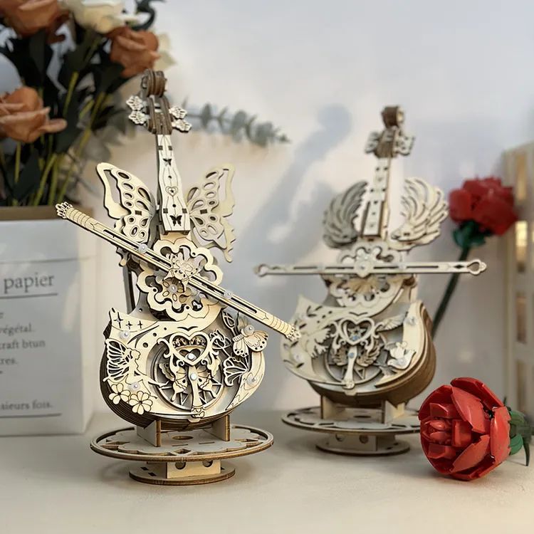 木质拼装积木大提琴音乐盒八音盒diy手工女孩生日礼物摆件鸟之诗