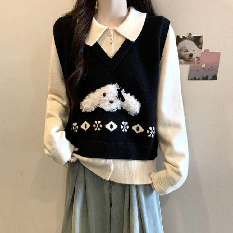 大码假两件马甲拼接POLO领加厚毛衣女秋冬胖MM宽松显瘦洋气针织衫