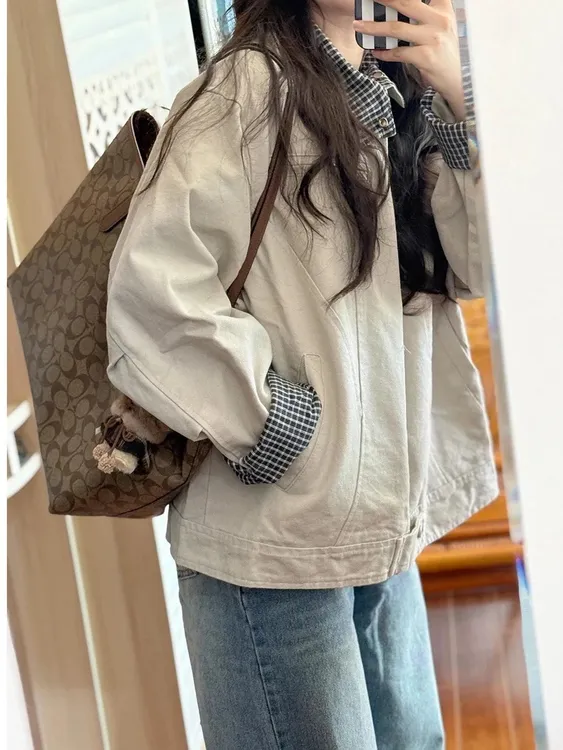 美式秋季外套女2025新款春秋复古哈灵顿翻领拼接工装潮牌夹克上衣